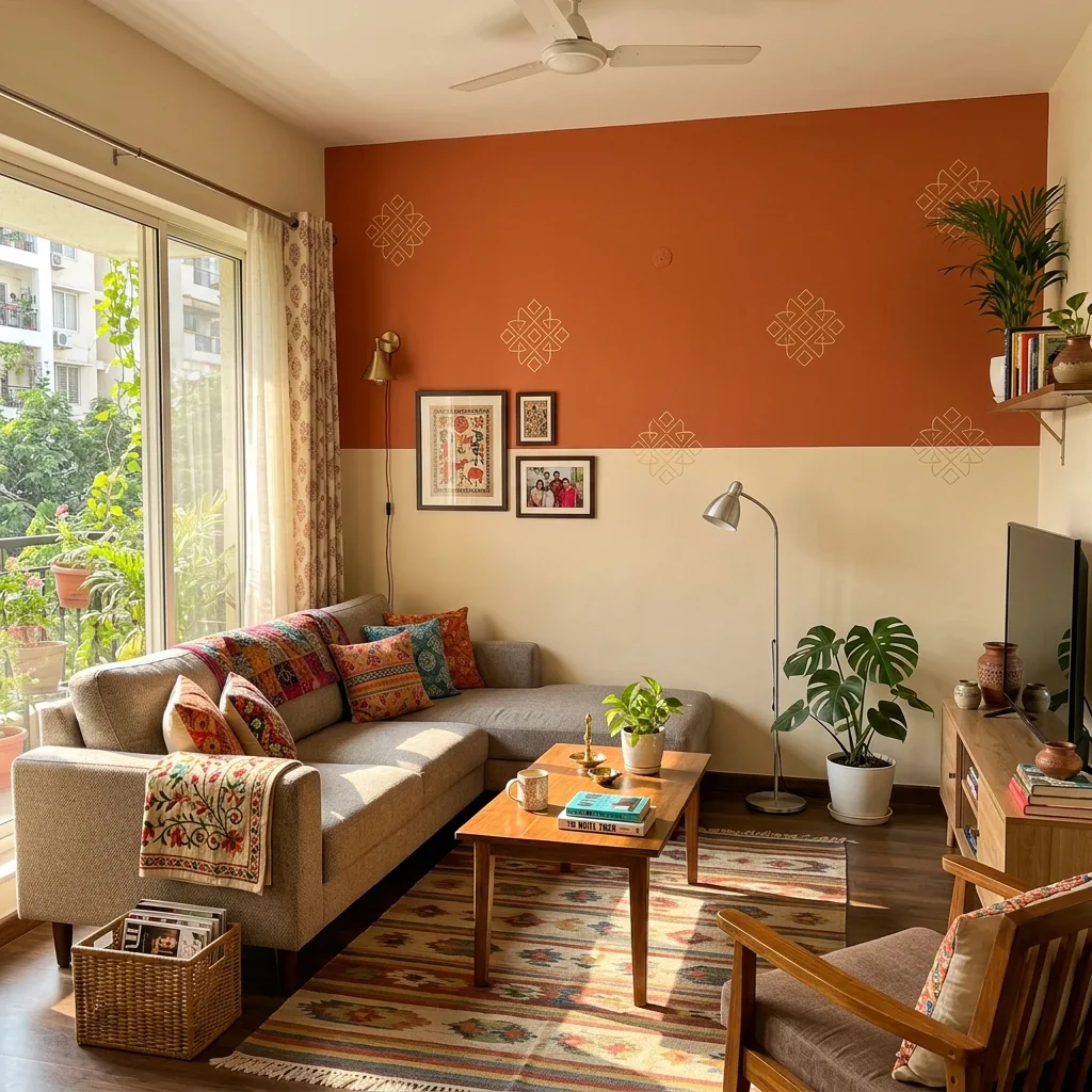 Elegant geometric stencil pattern accent wall in warm terracotta and cream in a Vijay Nagar apartment living room, executed by Vishwas Homes Indore