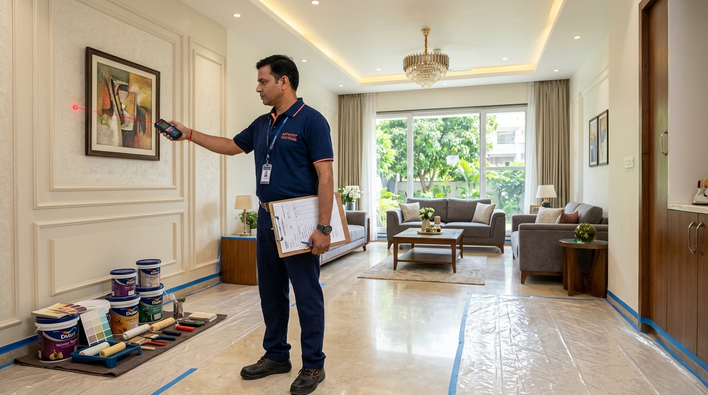 Vishwas Homes painting supervisor assessing house painting cost per sq ft with a laser measure in an Indore living room