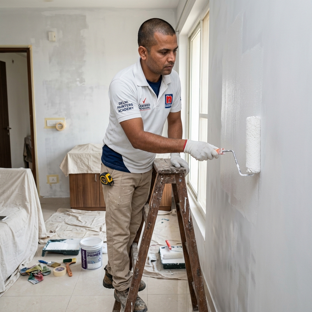 Certified painter applying alkali-resistant primer on a properly prepared interior wall before emulsion topcoat in an Indore home