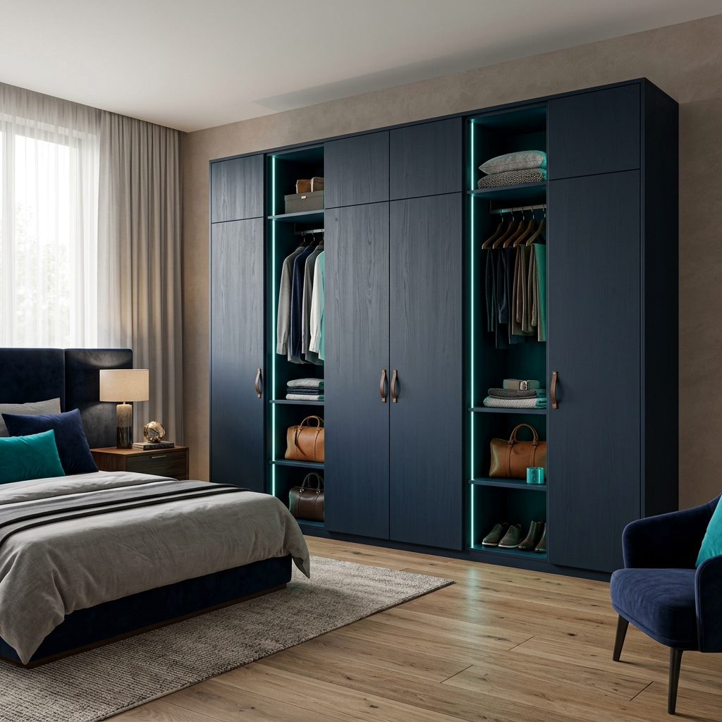 A highly photorealistic luxury living room featuring a stunning Italian PU polished wooden center table and wardrobe, showcasing superior gloss and protection