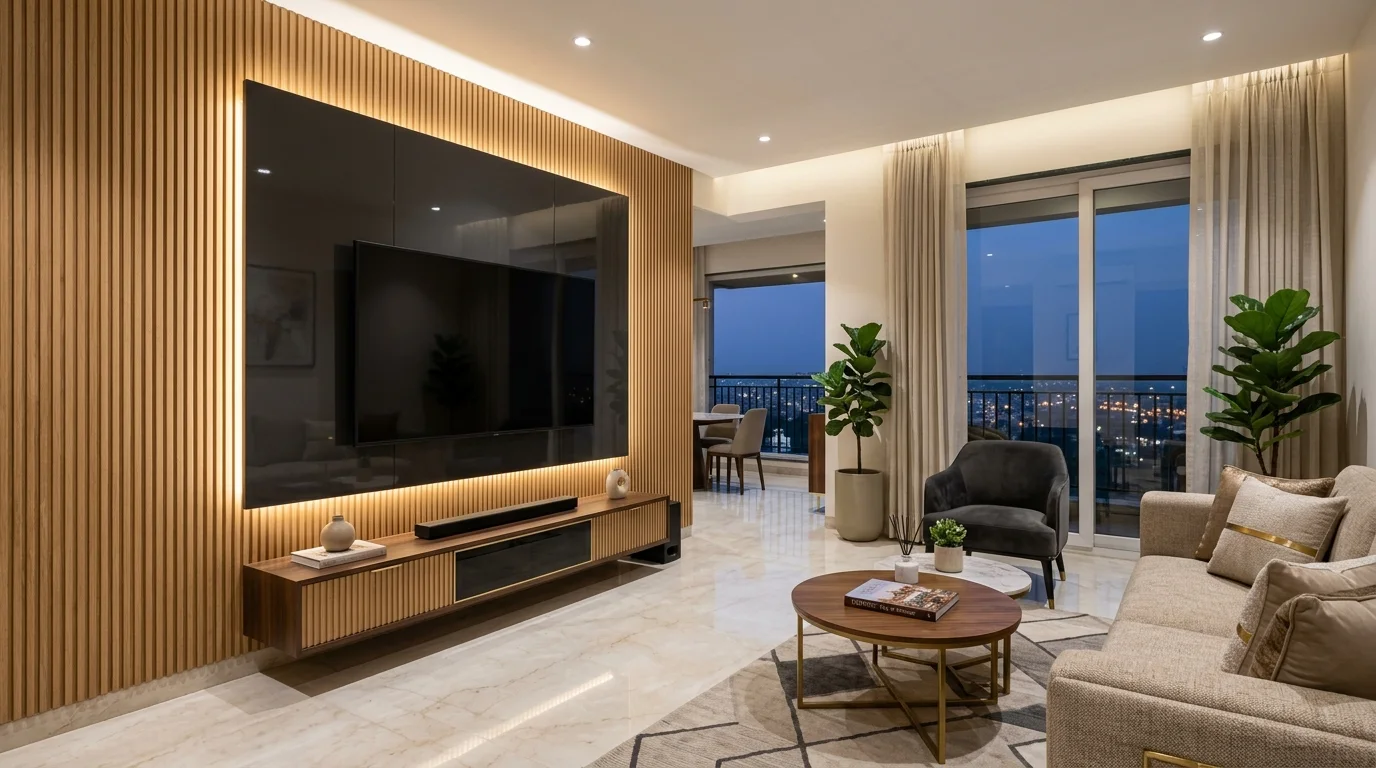 Modern TV unit wall with vertical fluted wood panels and high-gloss PU finish in a Vijay Nagar apartment living room, Indore