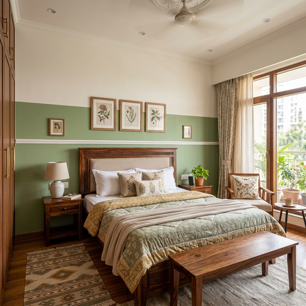 Warm sage green and off-white two-tone bedroom wall combination in a Vijay Nagar apartment, Indore - 2026 interior colour trend