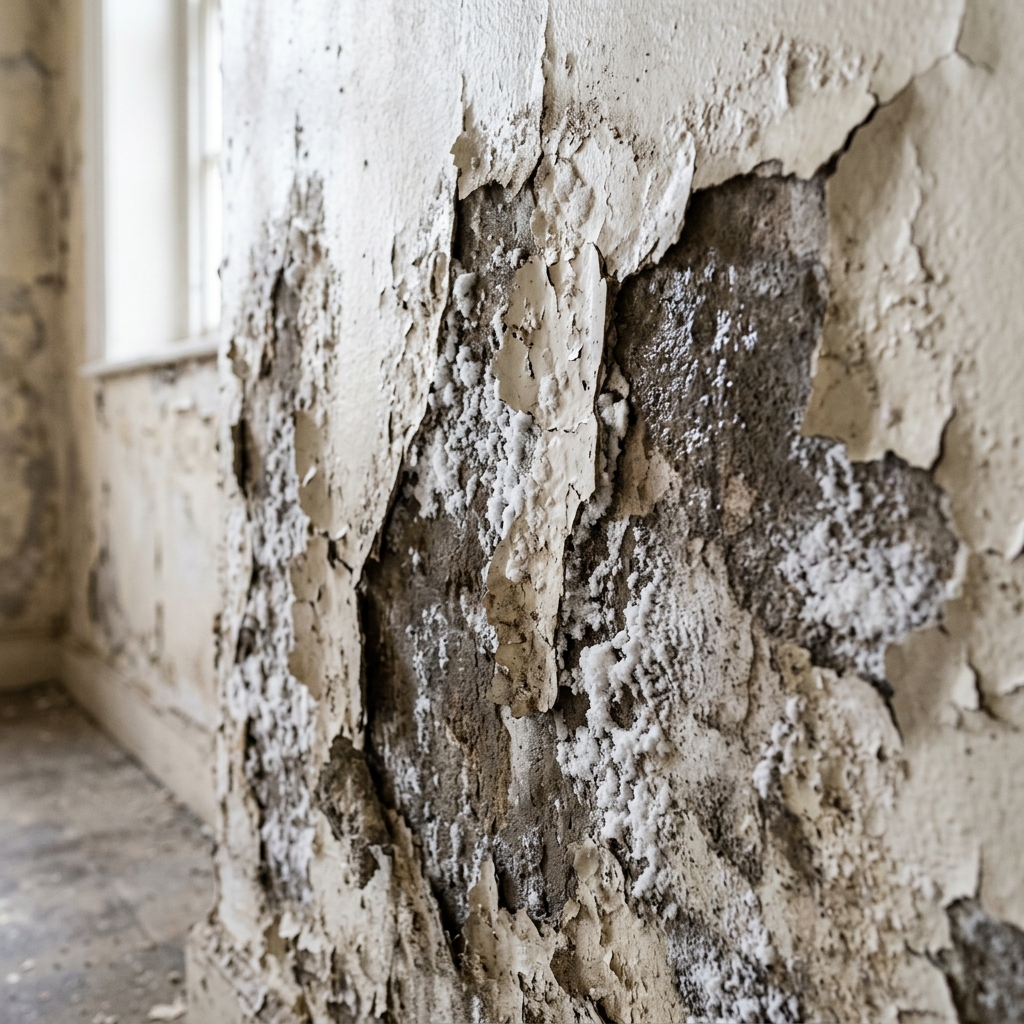 White powdery efflorescence (shora) deposits on a brick and plaster wall in an Indore bungalow