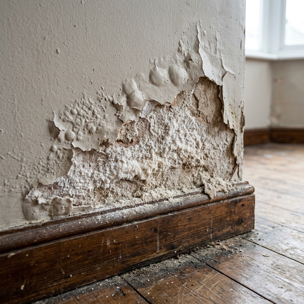 White powdery efflorescence deposits at the bottom skirting level of a wall