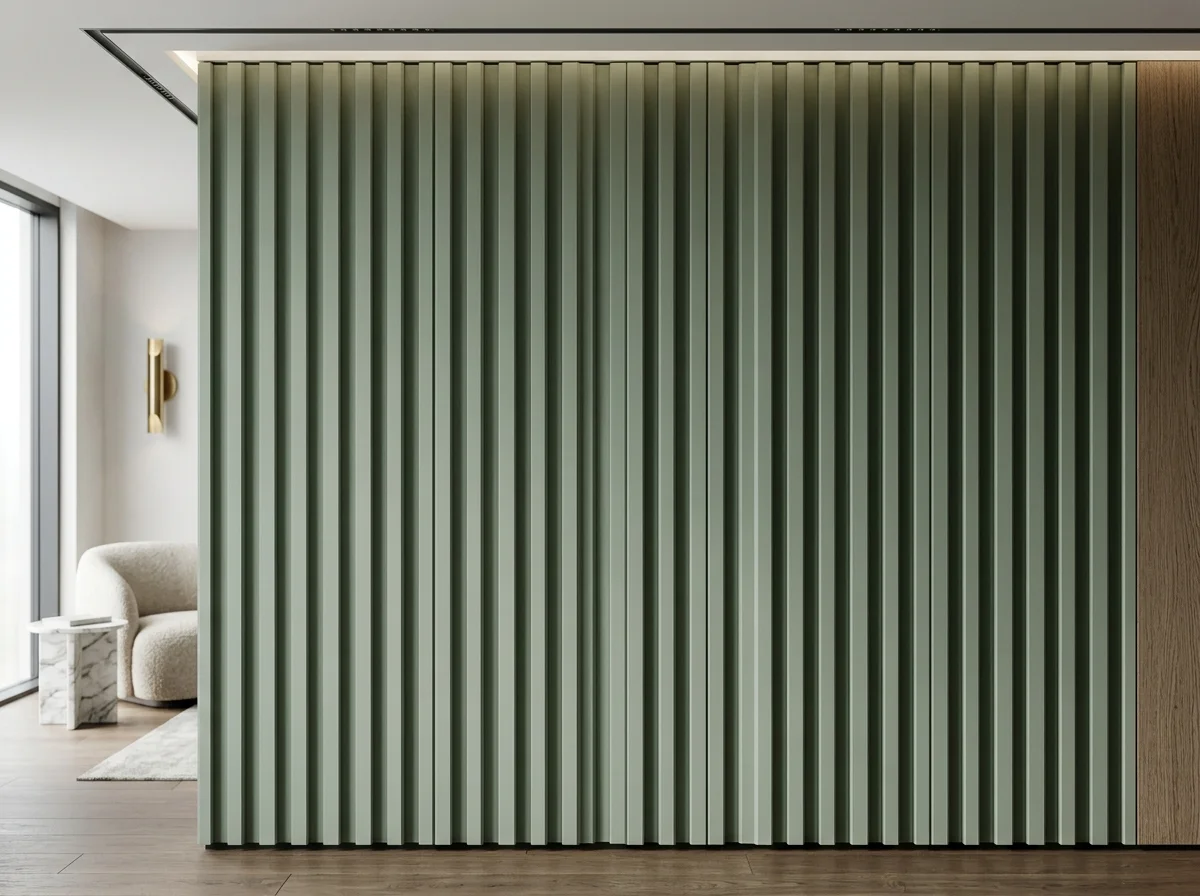 MDF Fluted Panels with Solid Sage Green PU Finish - Vishwas Homes MDF fluted panels with opaque sage green PU paint finish for living room TV wall