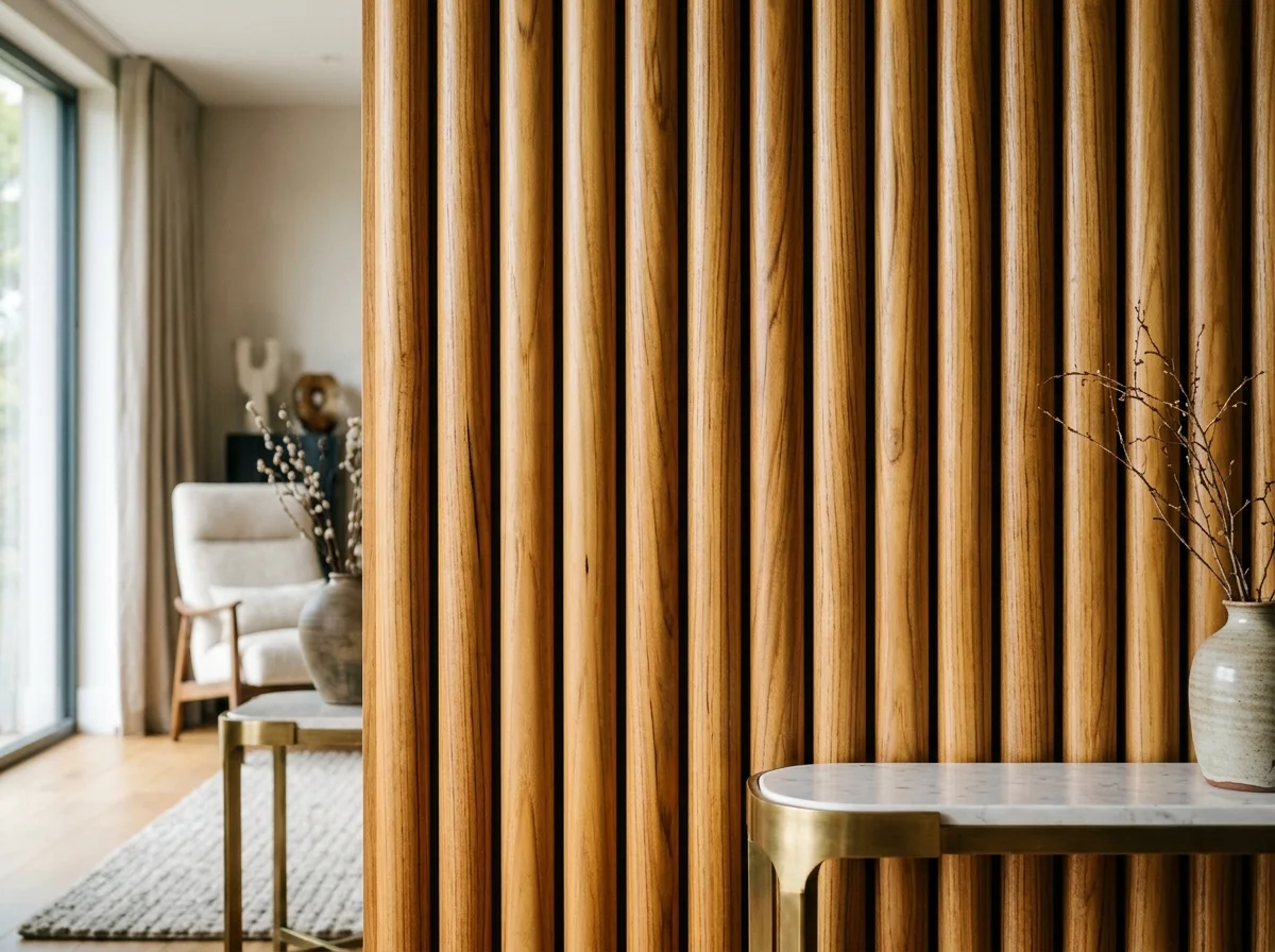 Solid Teak Wood Fluted Panels - Vishwas Homes Solid teak wood fluted panels for luxury TV unit walls in Indore bungalows