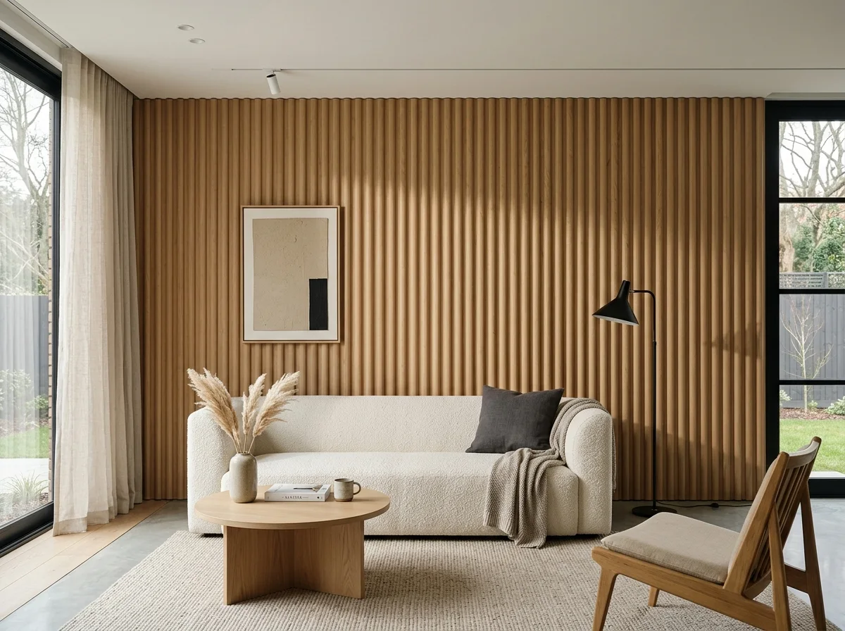 Veneered HDHMR Fluted Panels (White Oak) - Vishwas Homes Veneered HDHMR fluted panels in natural white oak finish for modern Indore flats