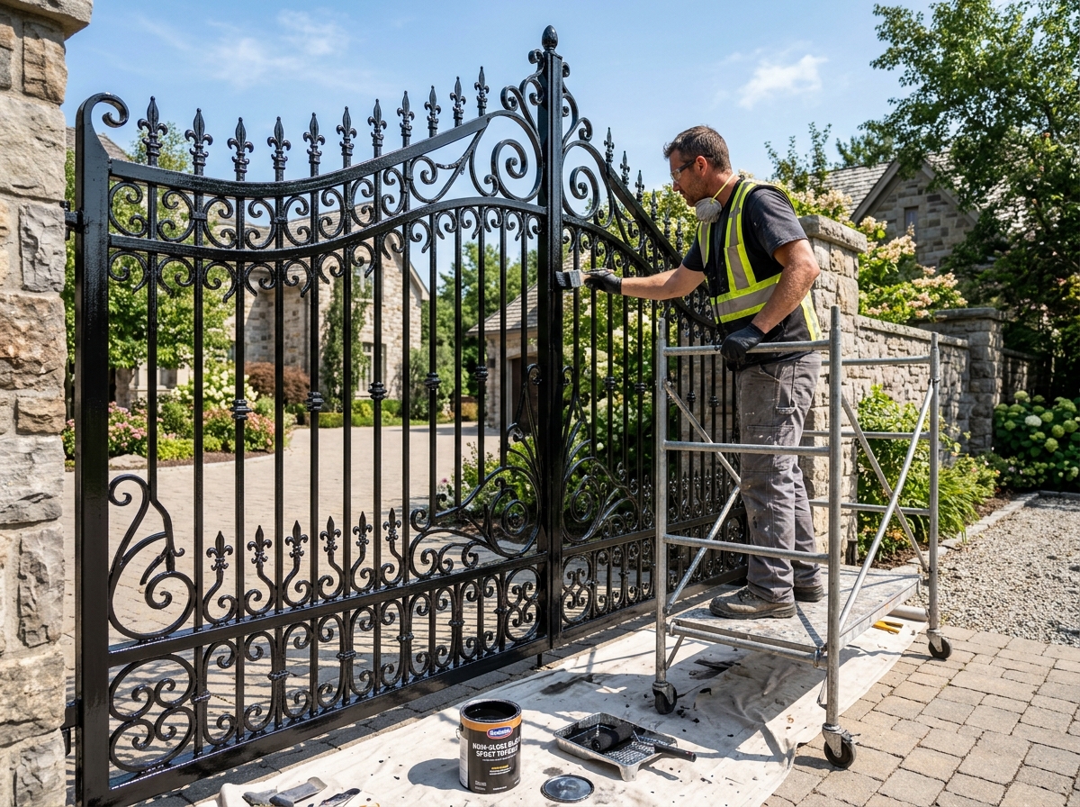Professional painter applying high-gloss black epoxy topcoat to a large wrought iron compound gate