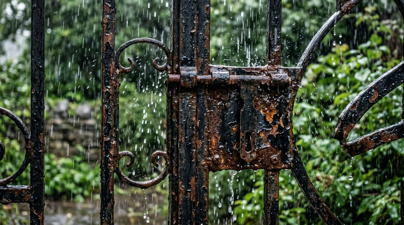 Rain falling on a rusted black metal gate