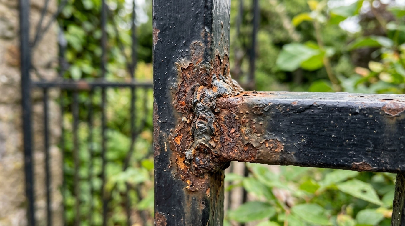 Macro shot of rust concentrated at a welded joint on a metal gate