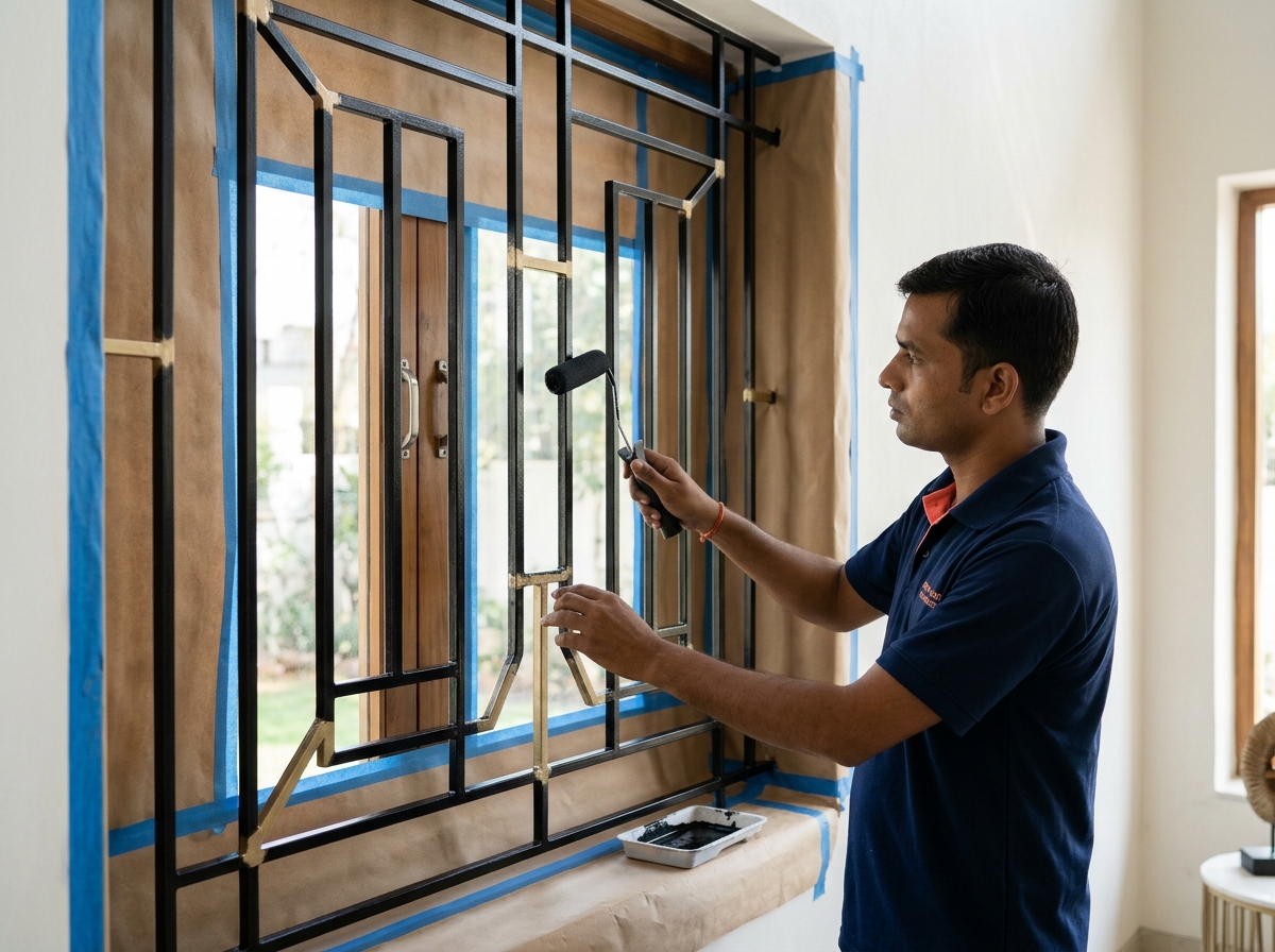Vishwas Homes applicator applying smooth satin matte black enamel to a window security grill with protective wall masking in an Indore home
