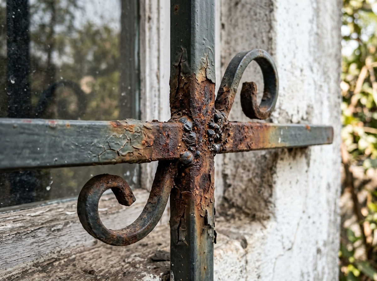 Close-up of rust bleeding from welded crisscross bar intersections and scroll joints on a metal window grill