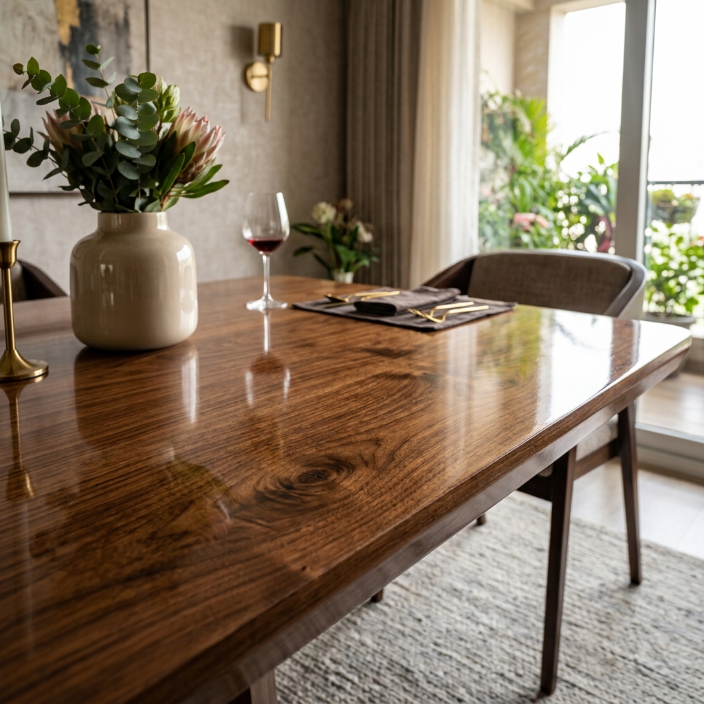 High-gloss Italian PU polished luxury wooden table in a residential home in Indore