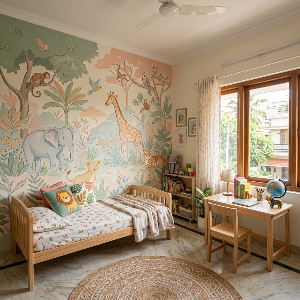 A beautifully painted modern kids room in an Indian home featuring a nature and jungle safari wall theme with soft pastel colors
