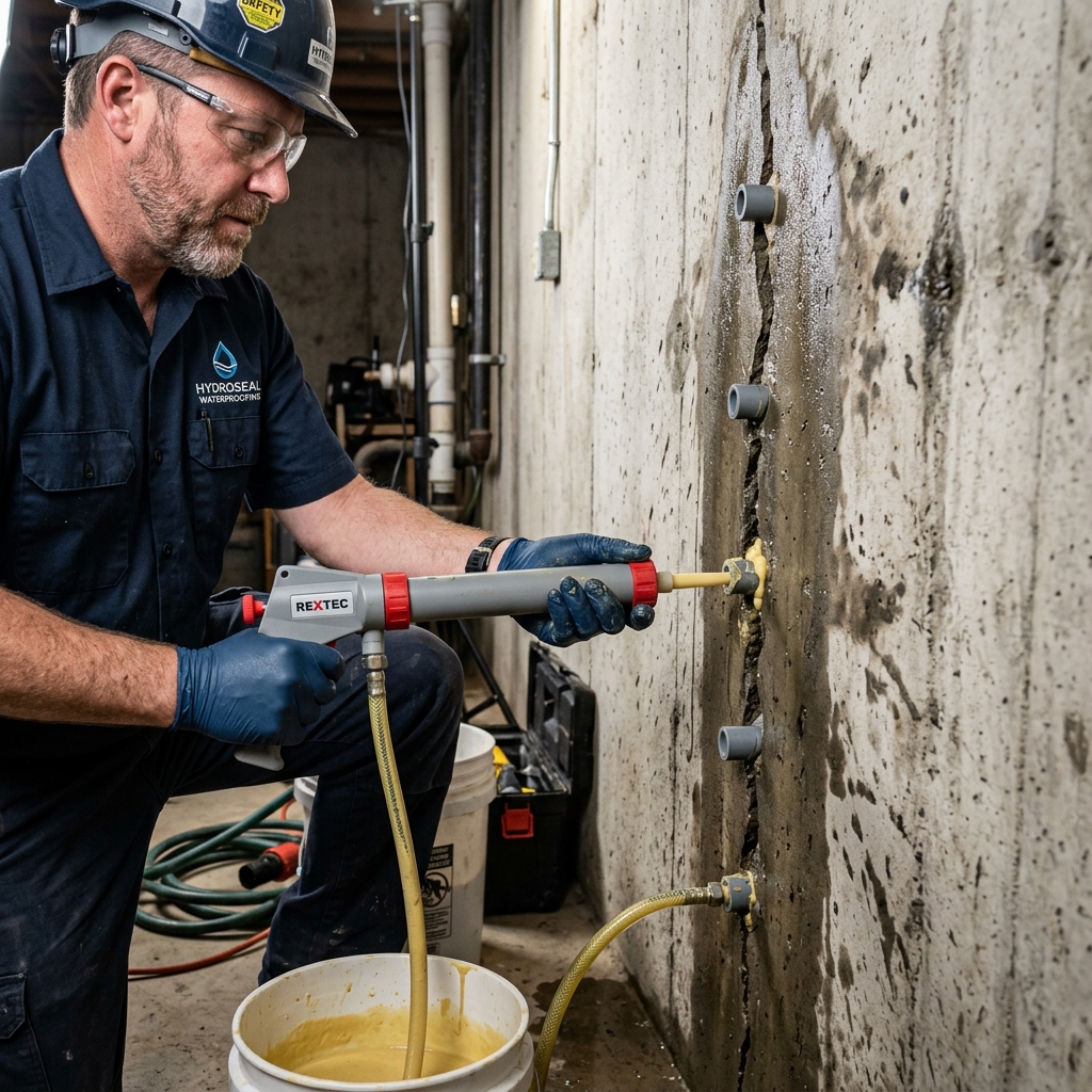 Professional waterproofing contractor performing PU injection grouting on a cracked concrete wall
