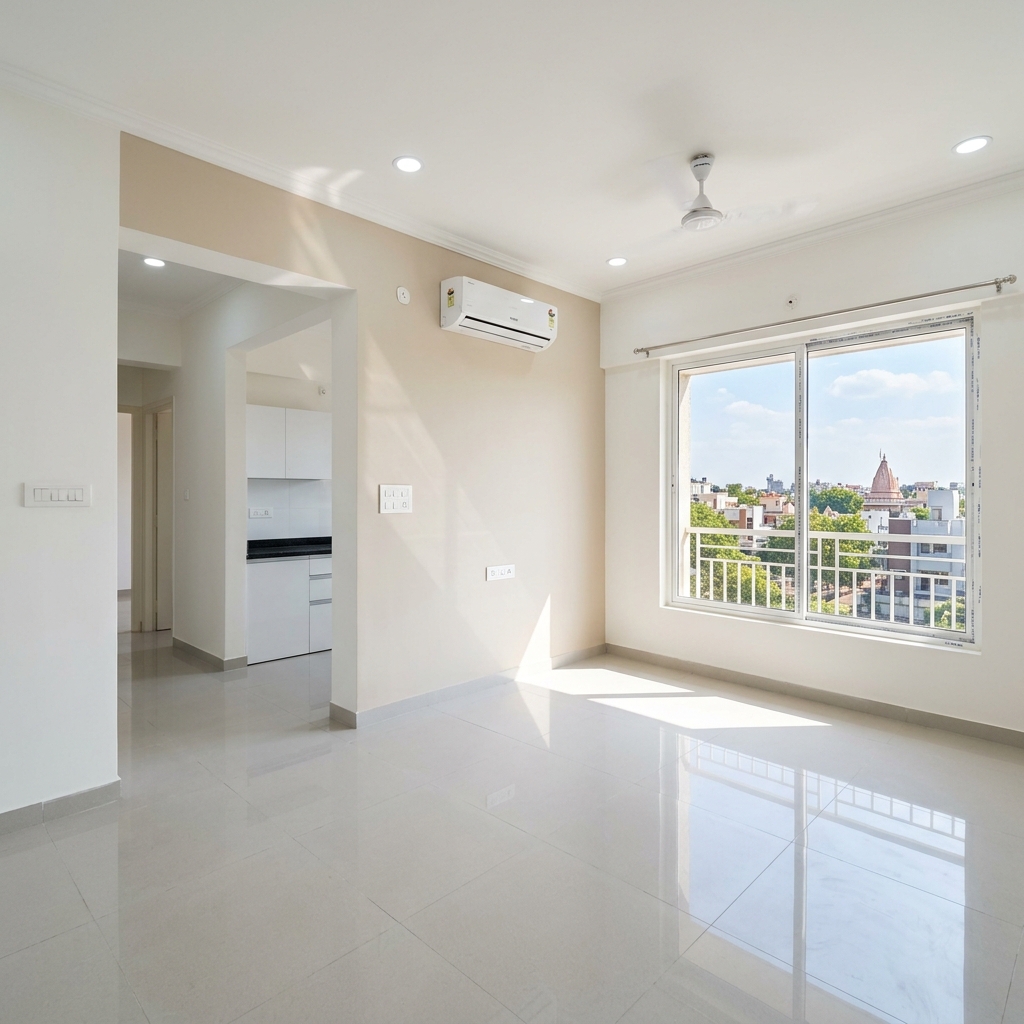 A clean, freshly painted empty rental apartment in Indore, ready for new tenants.