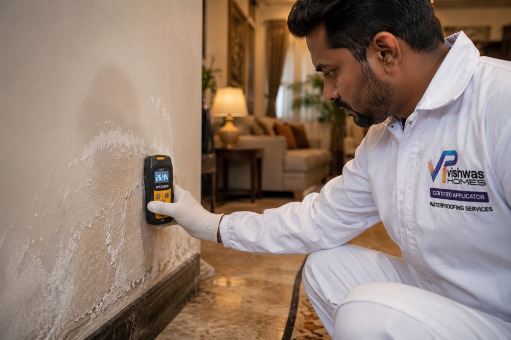 Vishwas Homes certified applicator using a digital moisture meter to check wall dampness