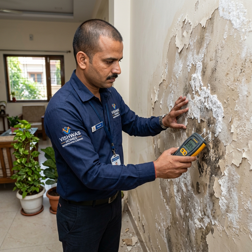 Vishwas Homes technician using a digital moisture meter to scan an efflorescence-affected damp wall in a Palasia bungalow, Indore, before applying crystalline waterproofing treatment