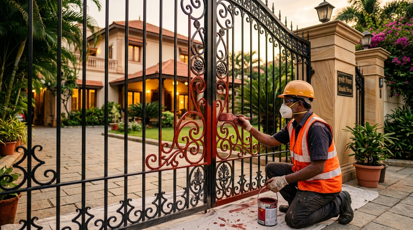 Vishwas Homes certified applicator applying anti-corrosion primer on a mechanically ground wrought iron gate at a Palasia bungalow in Indore before enamel topcoat