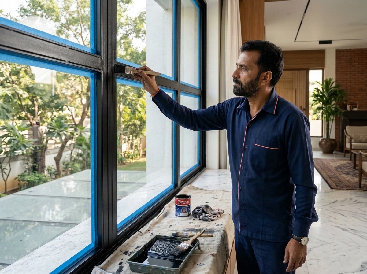 Vishwas Homes certified applicator painting a steel casement window frame with blue masking tape protecting the glass panes in an Indore bungalow