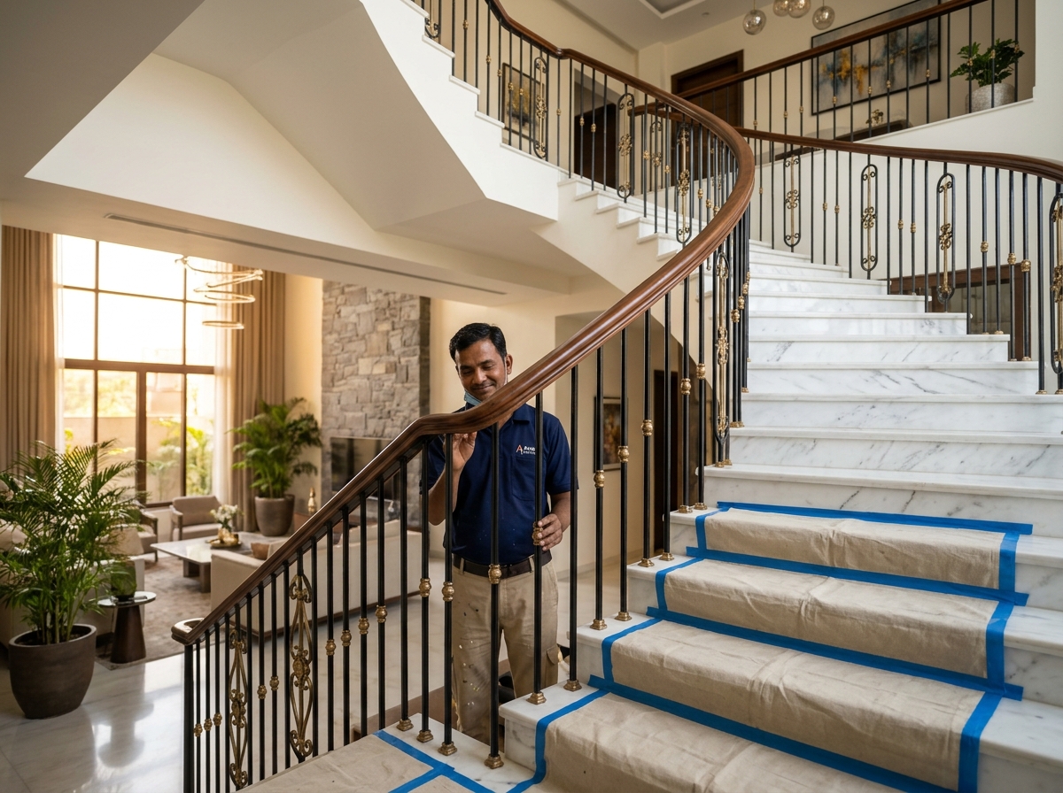 Vishwas Homes certified applicator inspecting a freshly painted matte black and gold wrought iron staircase railing with masked marble steps in an Indore duplex home