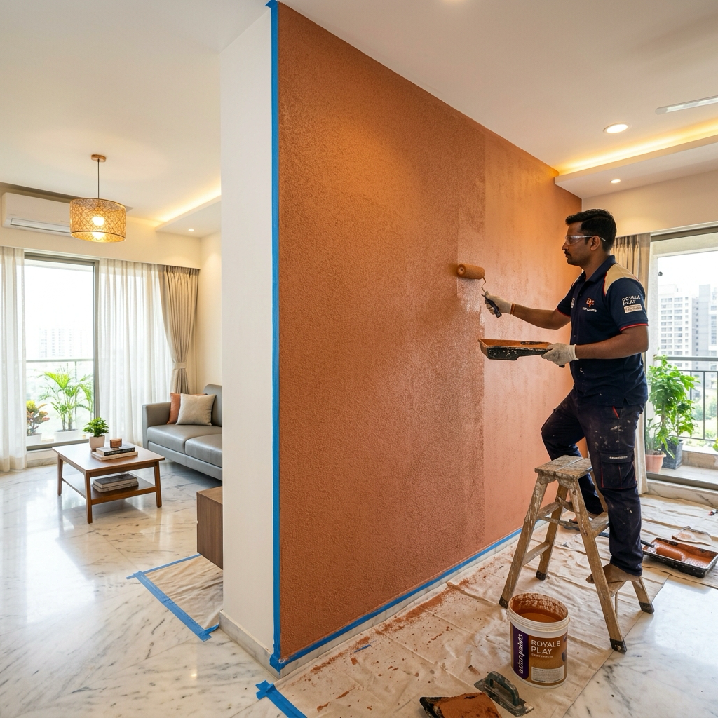 Vishwas Homes certified applicator applying Asian Paints Royale Play sand texture on a living room accent wall in a Vijay Nagar apartment, Indore
