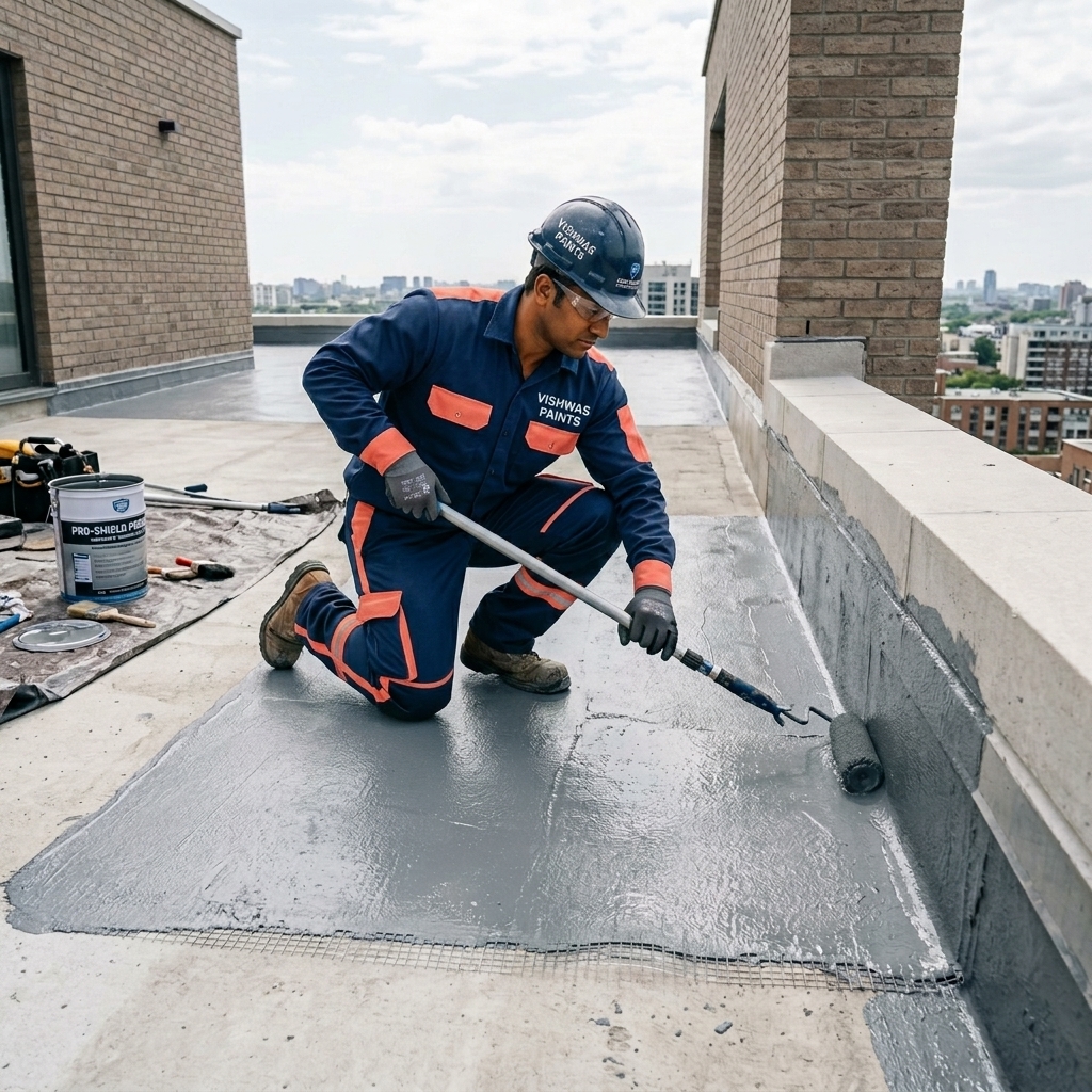 Waterproofing experts at work - Vishwas Homes Indore