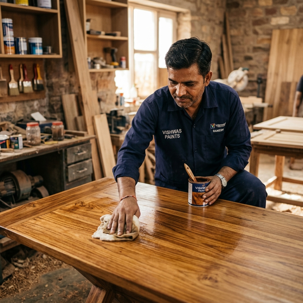 Expert wood polishing process by Vishwas Homes in Indore