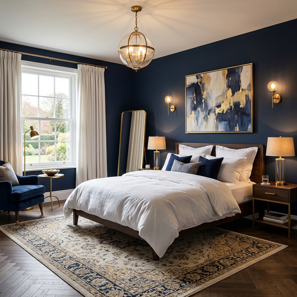 A luxurious master bedroom with deep indigo navy blue walls