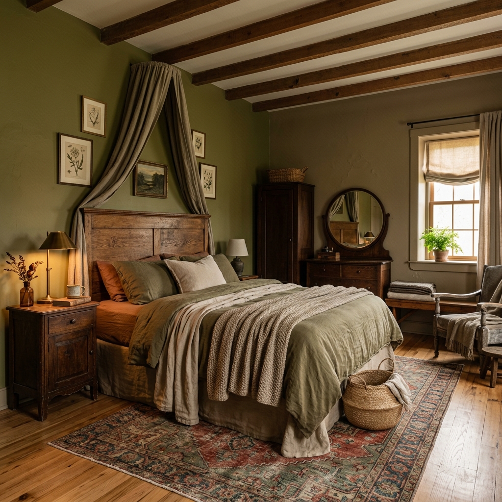A grounded and natural bedroom featuring earthy olive green and muted brown-green wall colours