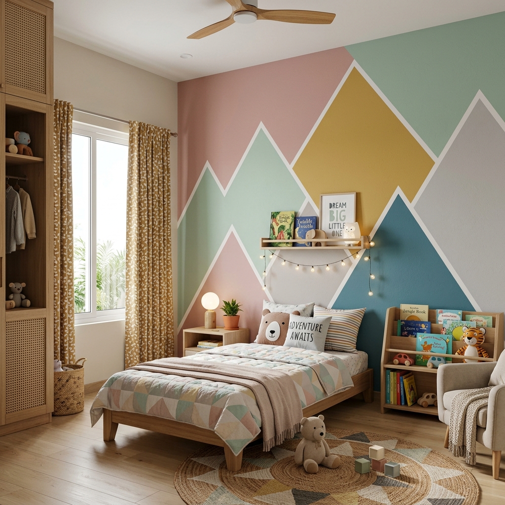 Geometric color blocked pastel mountain peaks on a kids bedroom wall