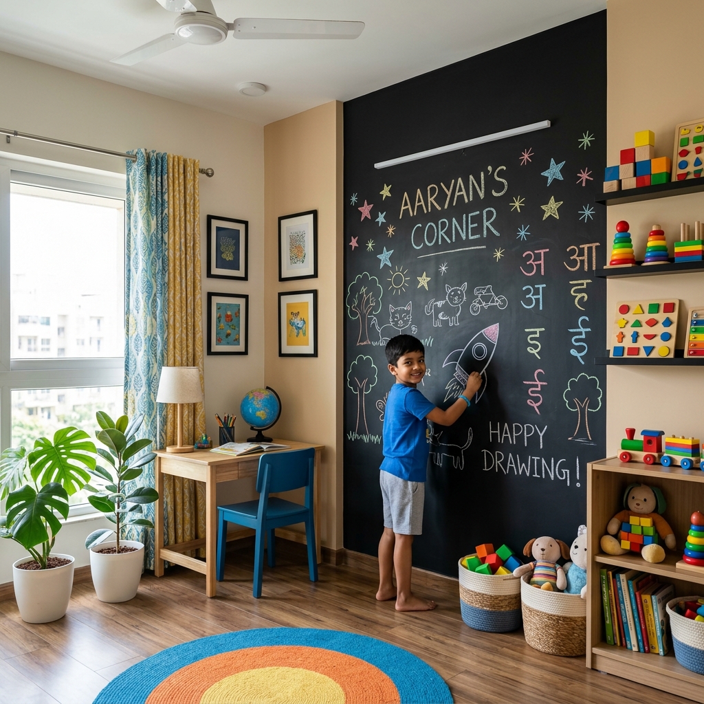 Interactive chalkboard wall in a kids room with colourful toys