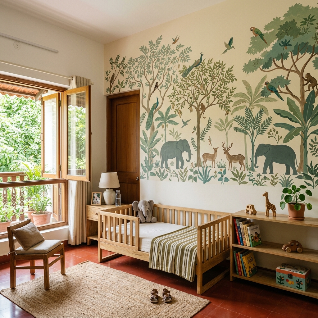 Jungle safari wall painting theme in a childs bedroom with soft greens
