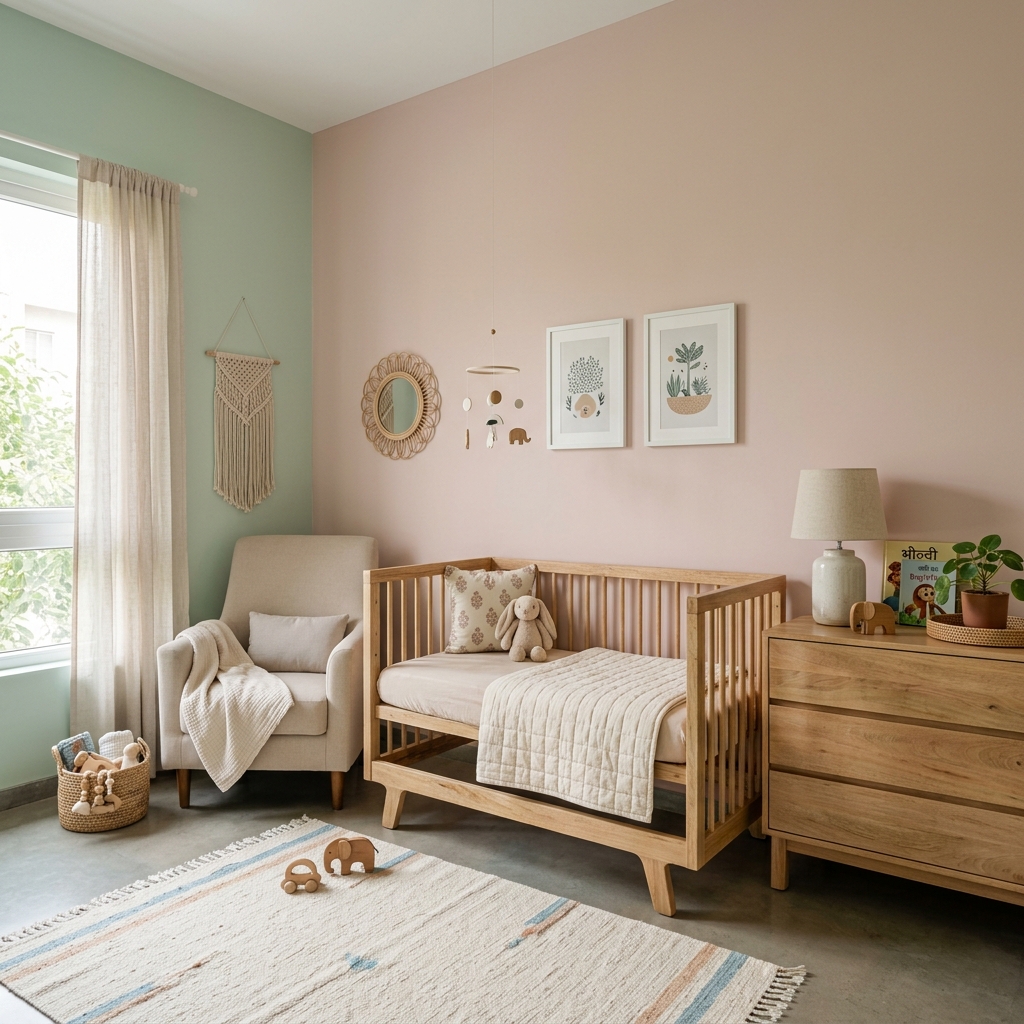 Minimalist Scandinavian kids nursery with blush pink and mint green pastel walls