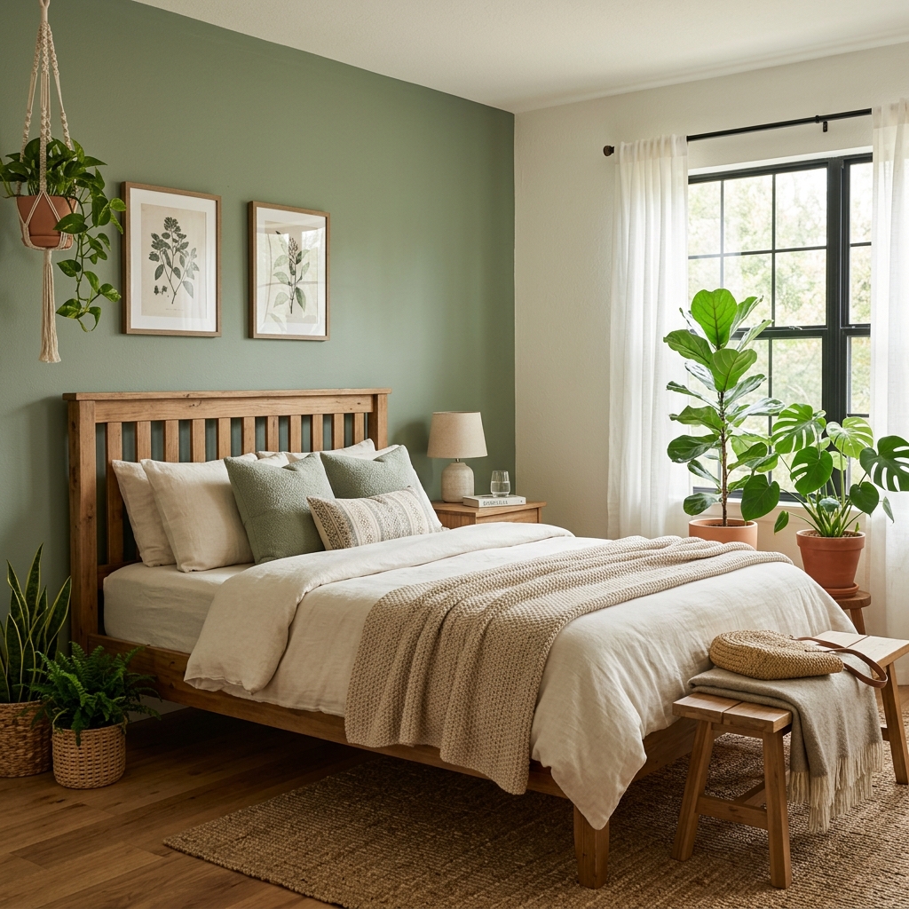 A cozy bedroom with a warm sage green headboard accent wall