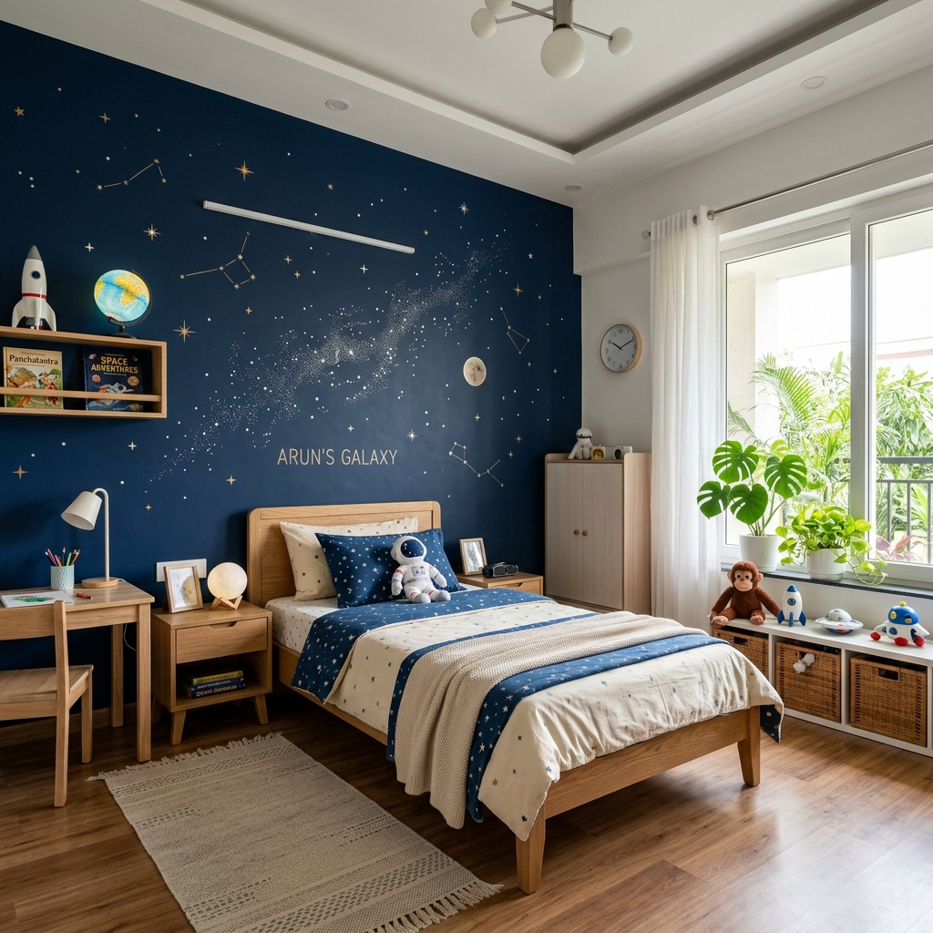 Space and galaxy theme with navy blue starry accent wall