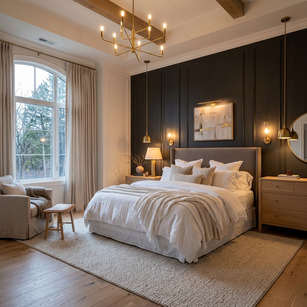A luxurious master bedroom with high ceilings featuring a warm charcoal dark accent wall