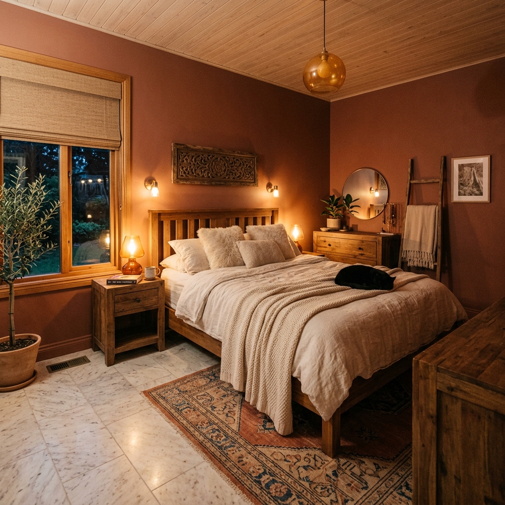 A cozy bedroom painted in warm dusty terracotta earth tones