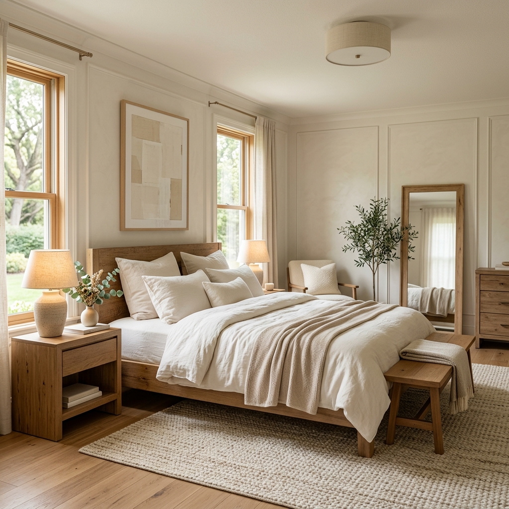 A serene master bedroom painted in layered warm whites and soft neutral cream tones