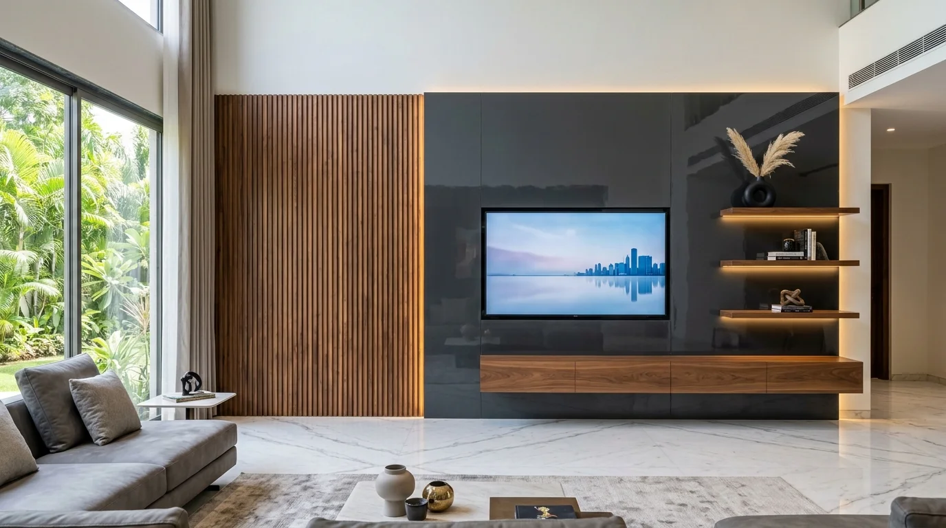 Asymmetric Modern TV Unit Feature Wall with Floating Console - Vishwas Homes Asymmetric modern TV unit feature wall with fluted walnut panels, high-gloss PU TV backdrop, and floating console in Indore