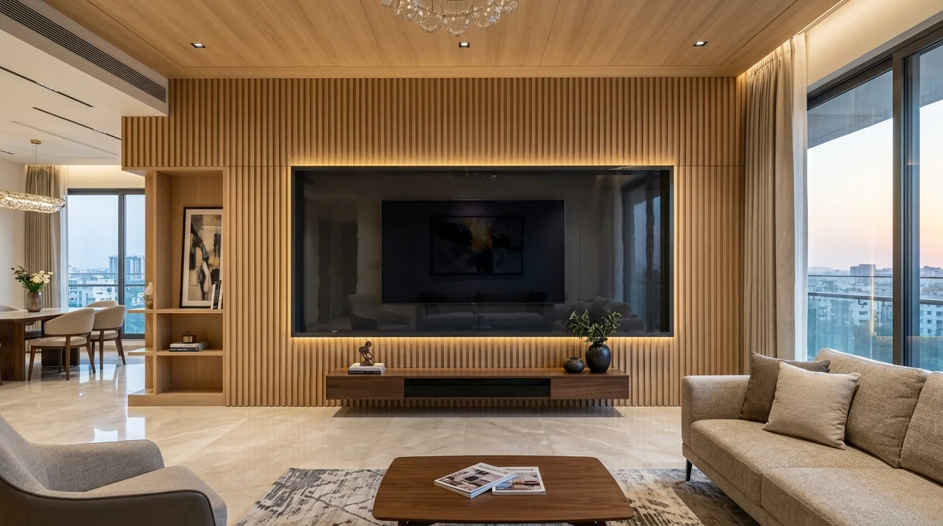 Full-Wall Fluted Oak Panel with Charcoal High-Gloss PU TV Niche - Vishwas Homes Full-wall vertical fluted oak panels with central high-gloss charcoal PU TV niche in an Indore living room