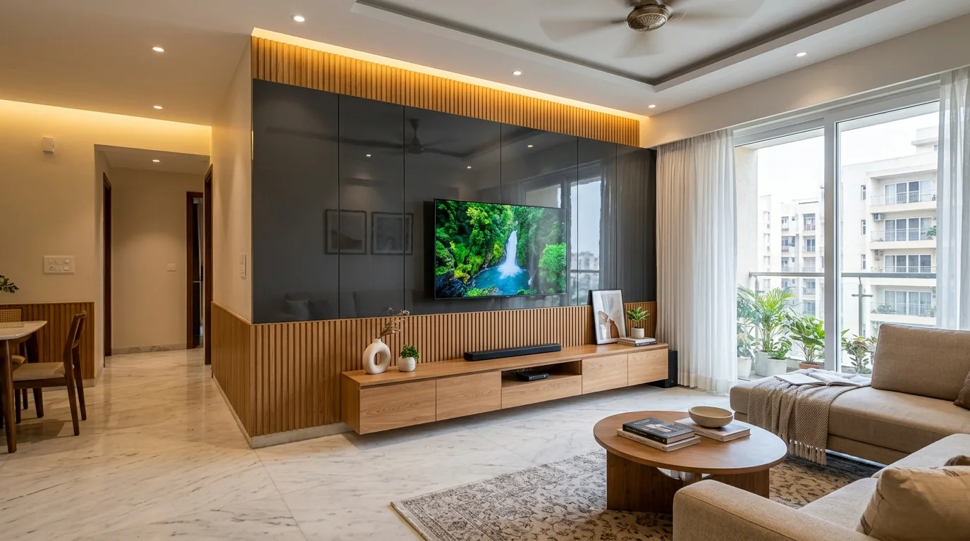 Horizontal Two-Tone TV Unit Wall with Lower Fluted Wainscot - Vishwas Homes Horizontal two-tone modern TV unit wall with lower fluted wainscot panels and upper high-gloss PU backdrop in a Vijay Nagar apartment