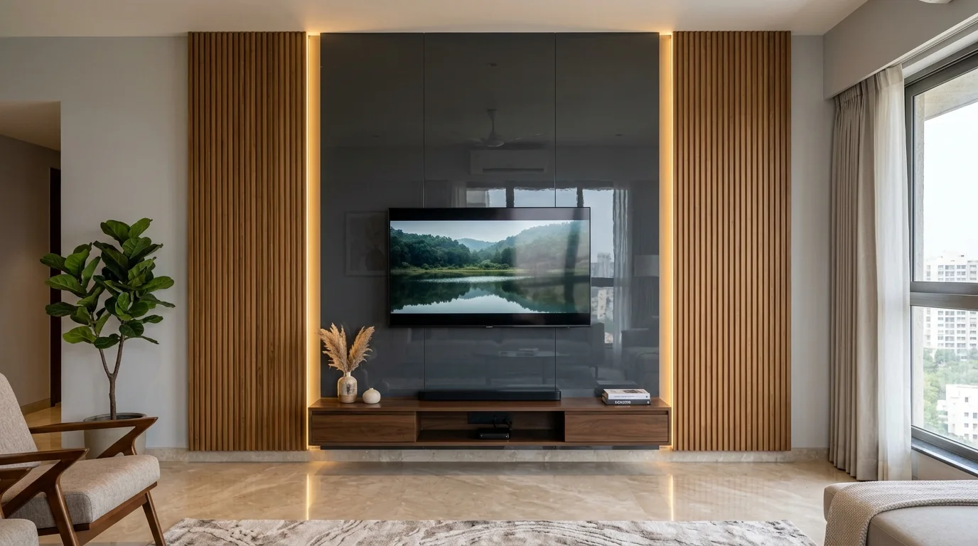Symmetric Modern TV Unit Design with Central High-Gloss PU Panel - Vishwas Homes Symmetric modern TV unit design with central high-gloss PU panel flanked by vertical fluted wood panels in an Indore apartment