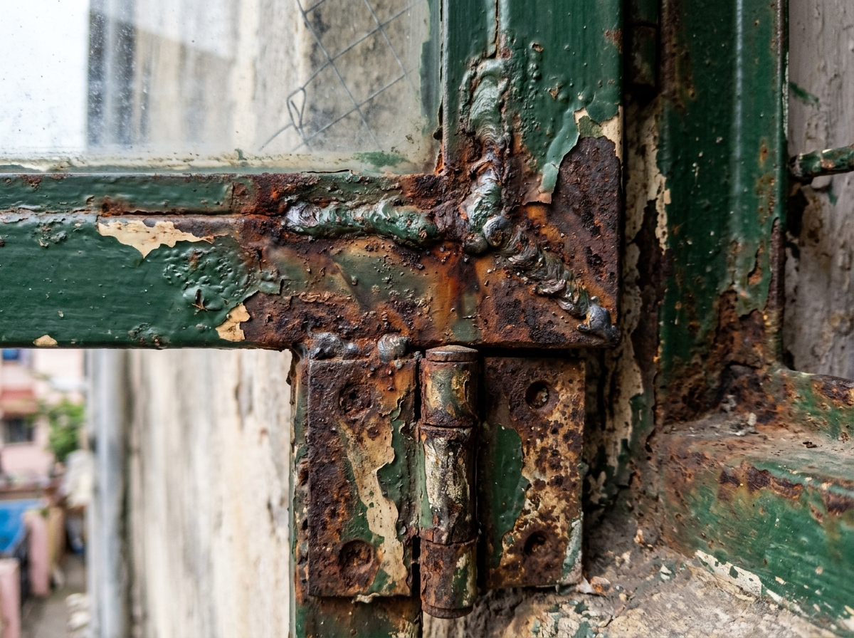 Rust and paint flaking at a 45-degree corner mitre weld and steel window hinge
