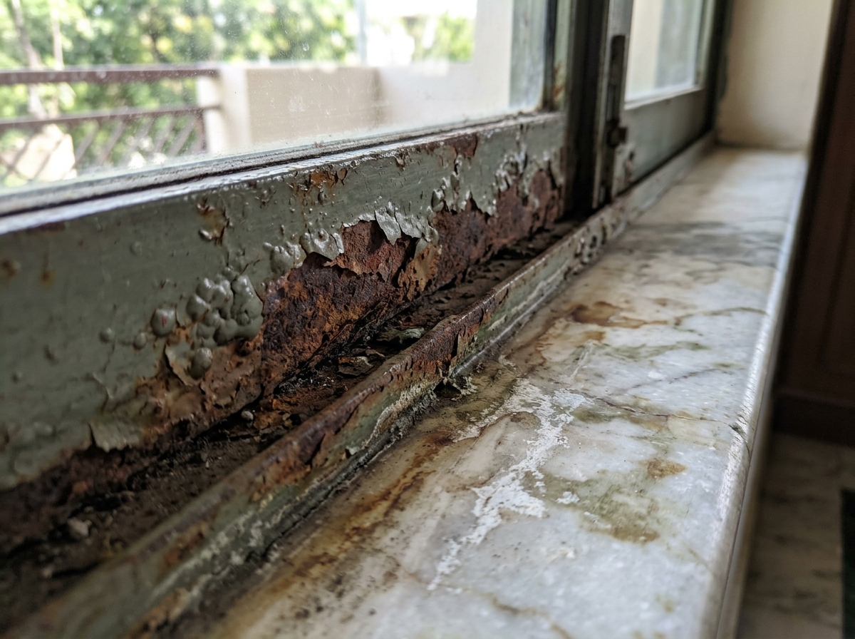 Rust scale and peeling paint along the bottom sill channel of a steel window frame in Indore