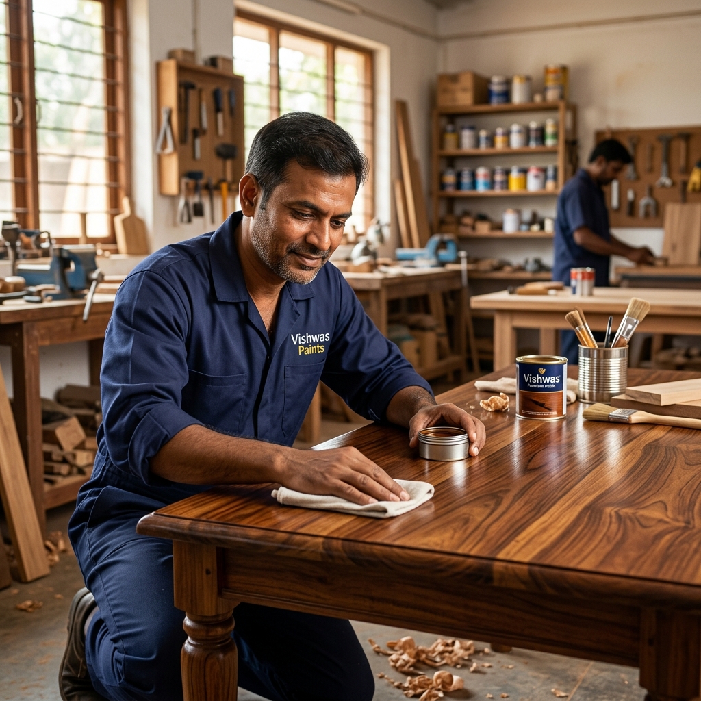 Wood polish craftsmen at work - Vishwas Homes Indore