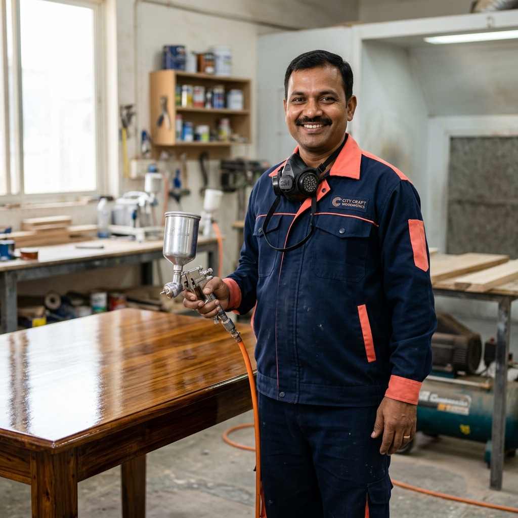 A professional Indian painter with a clearly visible face, wearing a navy blue and coral uniform, holding a professional pneumatic spray gun
