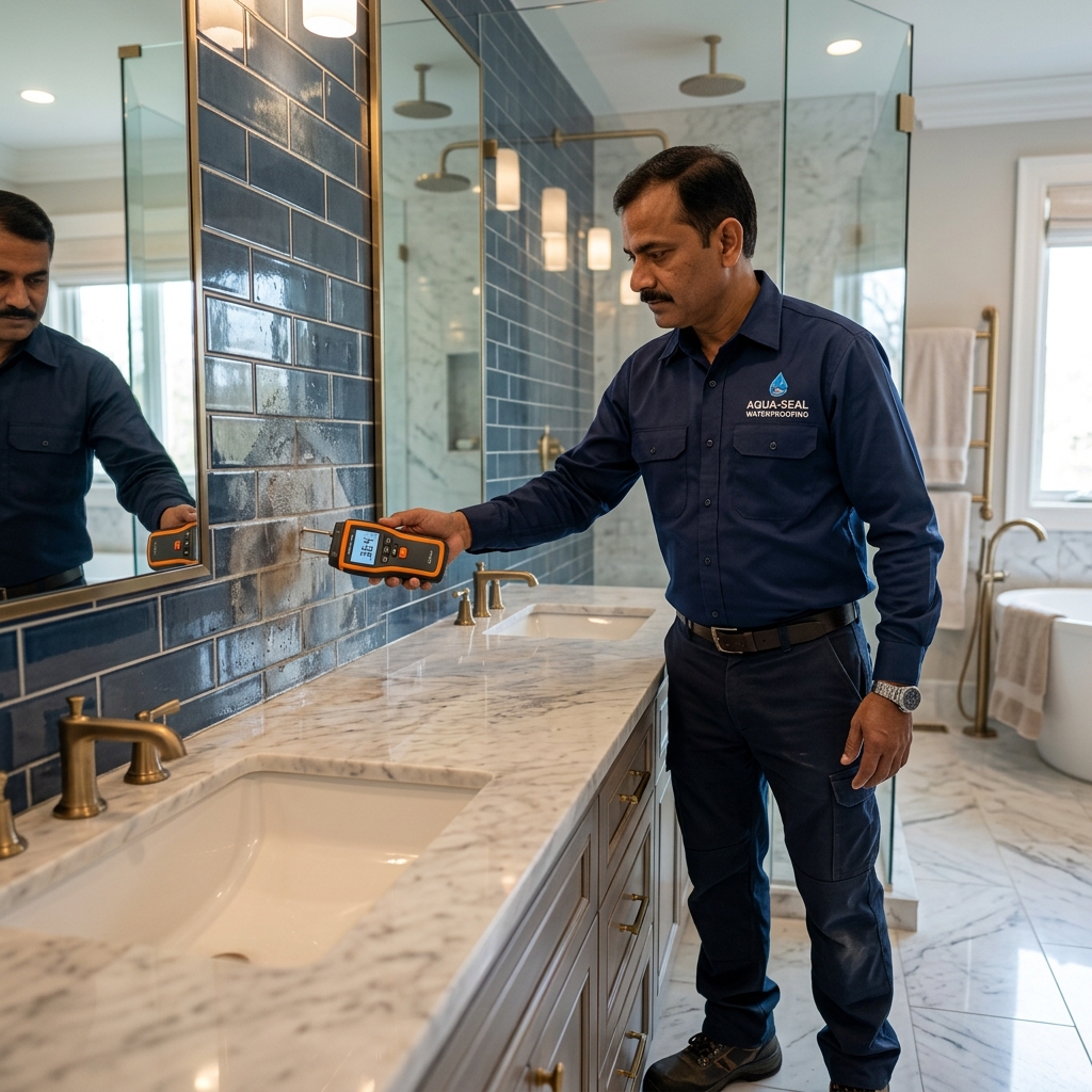 Indian waterproofing professional inspecting a bathroom wall with a digital moisture meter