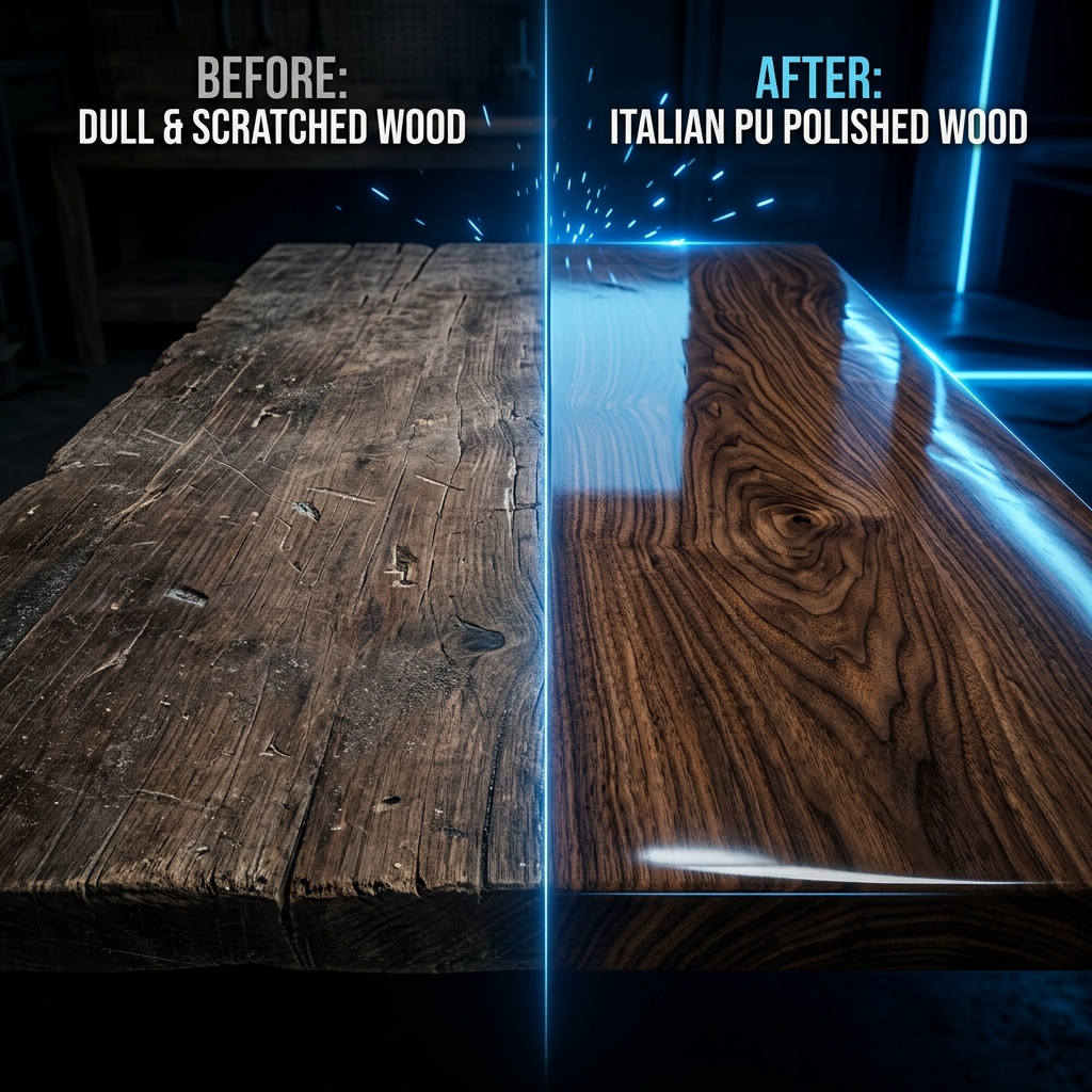 benefits of italian pu polish - before and after split screen comparison of dull wood versus highly reflective glossy surface